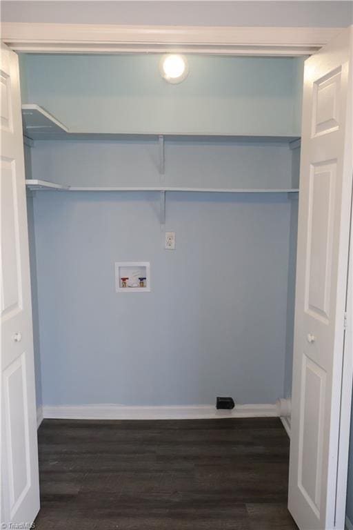 clothes washing area featuring hookup for a washing machine and dark wood-type flooring
