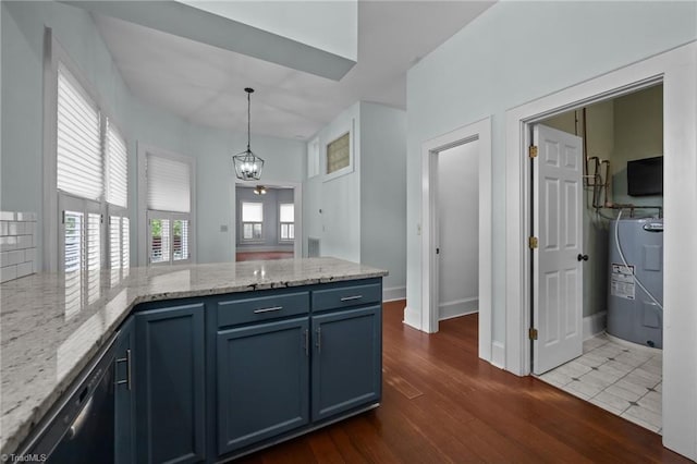 420 Mcadoo Ave, Greensboro, NC 27406 - kitchen featuring water heater, a peninsula, a chandelier, dark wood-type flooring, and blue cabinetry