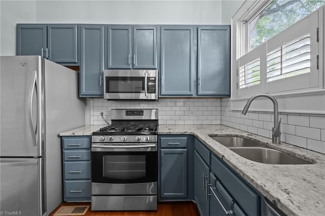 420 Mcadoo Ave, Greensboro, NC 27406 - kitchen with stainless steel appliances, a sink, backsplash, and blue cabinetry