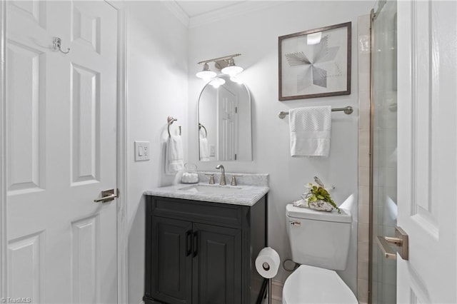 bathroom featuring walk in shower, ornamental molding, vanity, and toilet