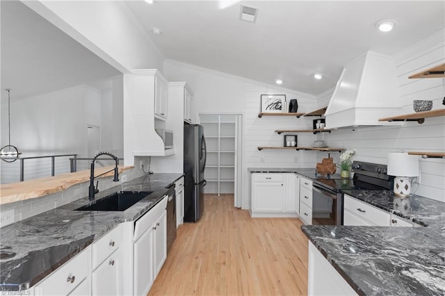 kitchen with stainless steel appliances, backsplash, sink, and white cabinetry