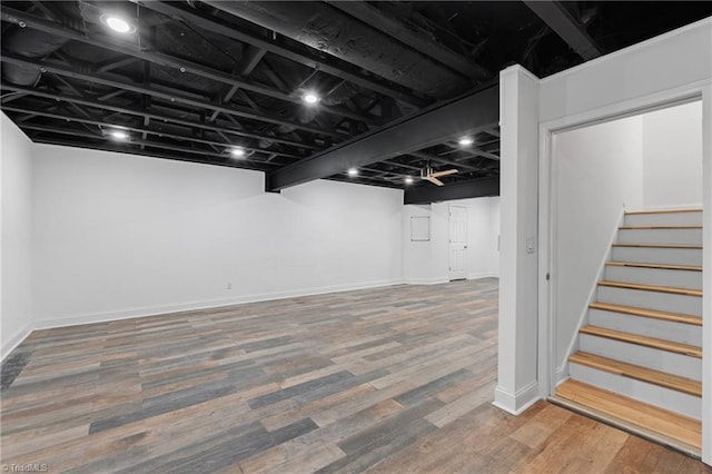 basement with wood-type flooring