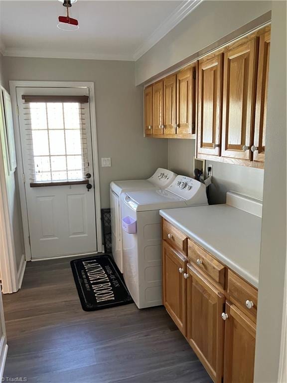 120 King Arthur Dr, King, NC 27021 - washroom featuring washer and clothes dryer, cabinet space, ornamental molding, and dark wood-type flooring