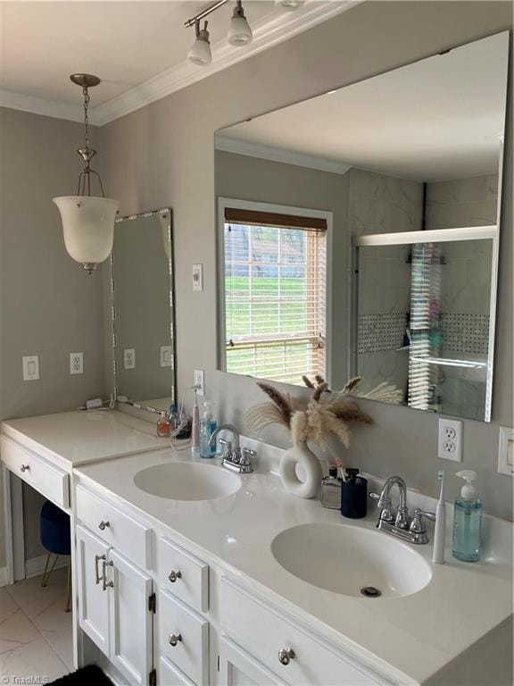 120 King Arthur Dr, King, NC 27021 - bathroom with double vanity, ornamental molding, and a sink