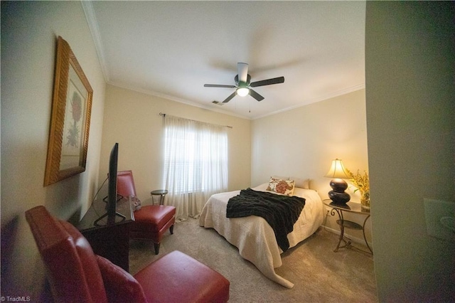 bedroom featuring light colored carpet, ornamental molding, and ceiling fan