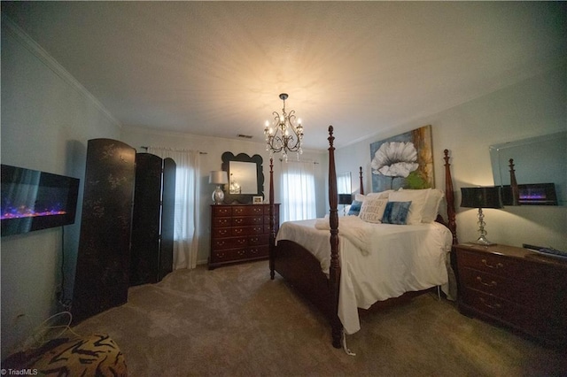 bedroom with crown molding, carpet floors, and a chandelier