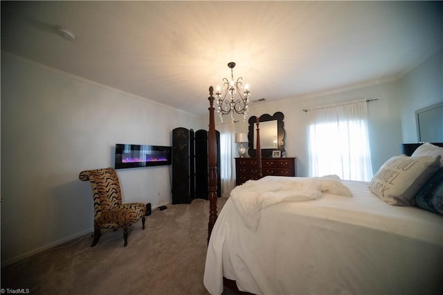 carpeted bedroom with an inviting chandelier and crown molding