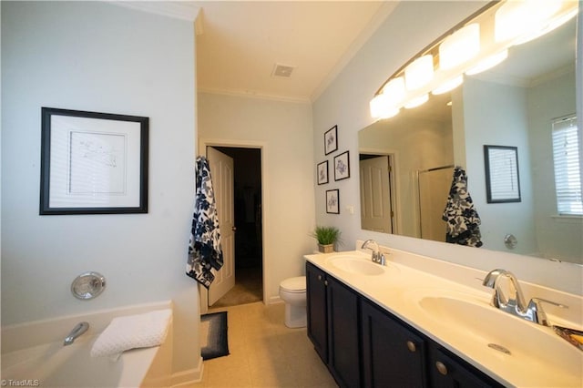 bathroom with vanity, crown molding, and toilet