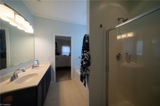 bathroom with crown molding, vanity, and an enclosed shower