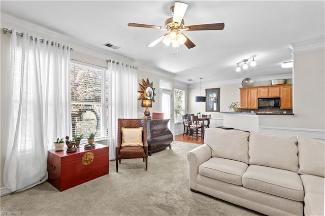 living room featuring crown molding and ceiling fan