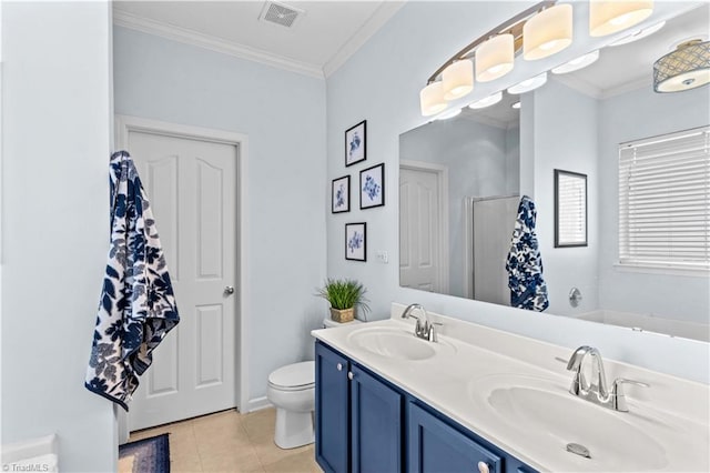 full bathroom with tile patterned flooring, ornamental molding, shower with separate bathtub, and vanity