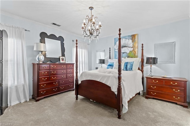 carpeted bedroom with crown molding, multiple windows, and a notable chandelier