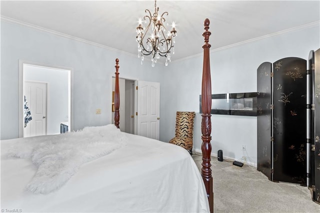 carpeted bedroom with a notable chandelier and crown molding