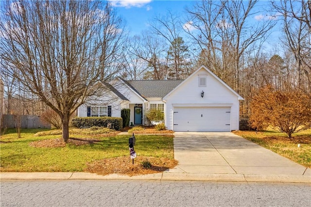 ranch-style home with a garage and a front lawn