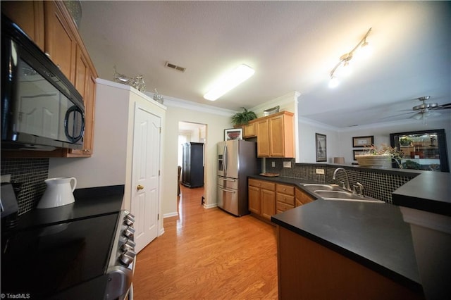 kitchen featuring sink, crown molding, light hardwood / wood-style flooring, appliances with stainless steel finishes, and decorative backsplash