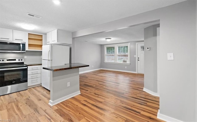 kitchen with white cabinets, light hardwood / wood-style floors, kitchen peninsula, and appliances with stainless steel finishes