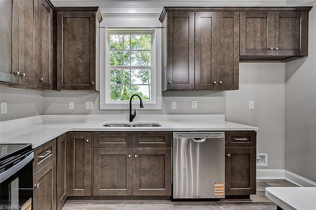 4503 Holly Leaf Rd, Ramseur, NC 27316 - kitchen featuring dishwasher, a sink, dark brown cabinets, baseboards, and ornamental molding