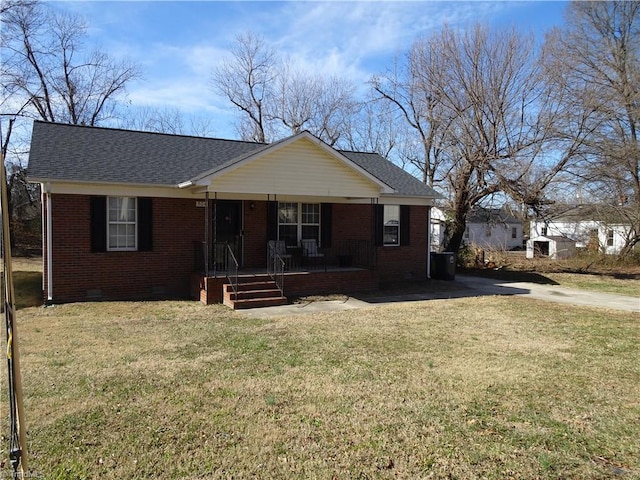 single story home with a porch and a front lawn