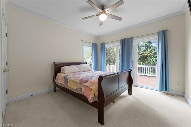 bedroom featuring access to exterior, light colored carpet, baseboards, and ornamental molding