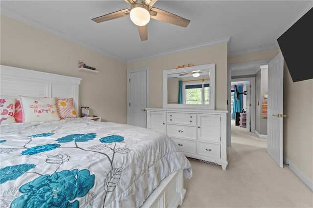 bedroom with light colored carpet, ceiling fan, ornamental molding, and baseboards