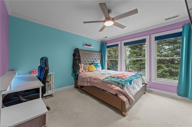 bedroom with visible vents, baseboards, ornamental molding, and carpet floors