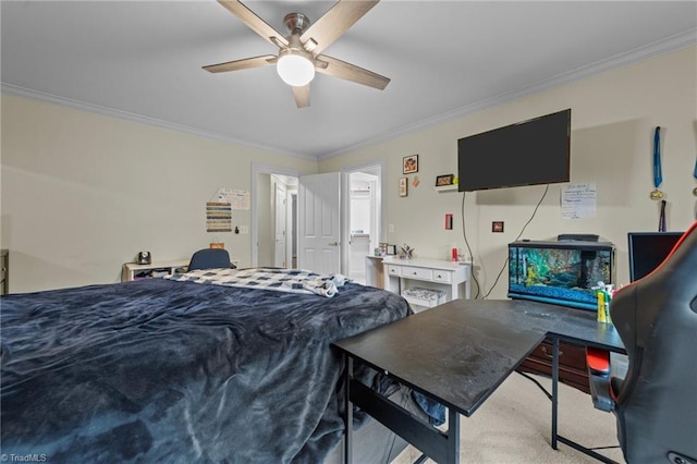 bedroom with ornamental molding, a ceiling fan, and carpet