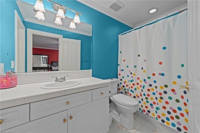 full bathroom featuring vanity, ornamental molding, toilet, a shower with shower curtain, and tile patterned floors