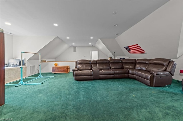 living area with recessed lighting, carpet, visible vents, and lofted ceiling