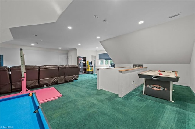 rec room with recessed lighting, carpet, and visible vents
