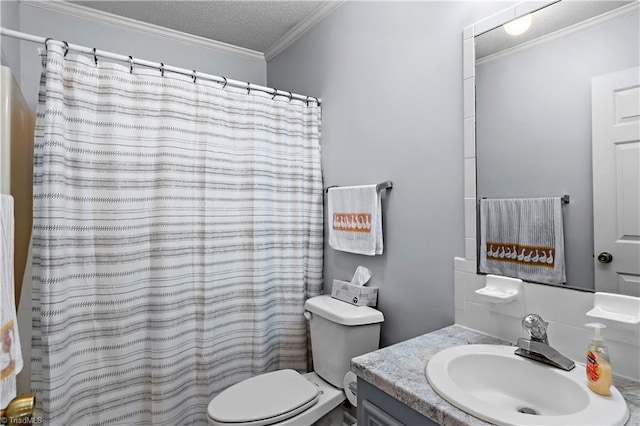 143 Chrisfield Cir, Winston-Salem, NC 27104 - bathroom with toilet, vanity, ornamental molding, a textured ceiling, and curtained shower