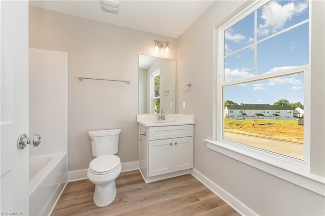 bathroom featuring vanity, hardwood / wood-style floors, and toilet