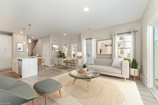 living room featuring sink and light hardwood / wood-style floors