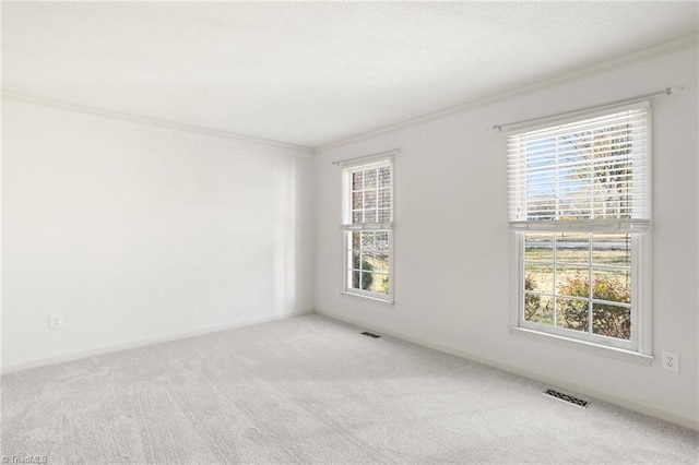 empty room featuring a healthy amount of sunlight, ornamental molding, and light carpet