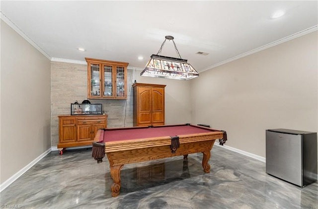 recreation room with finished concrete flooring, baseboards, ornamental molding, billiards, and recessed lighting