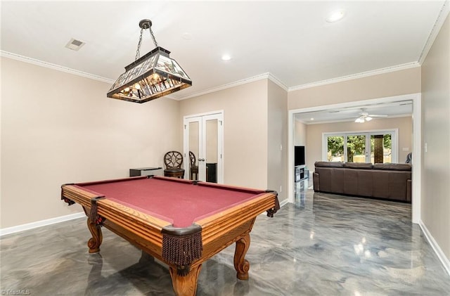 game room featuring french doors, baseboards, crown molding, concrete flooring, and ceiling fan