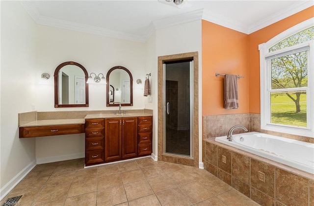 bathroom featuring vanity, a bath, healthy amount of natural light, a stall shower, and ornamental molding