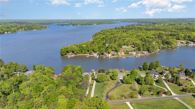 aerial view of property's location with a forest and a large body of water