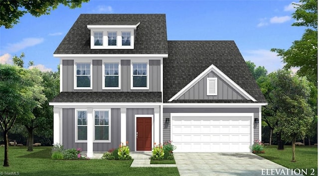 view of front of property featuring an attached garage, a shingled roof, concrete driveway, a front lawn, and board and batten siding