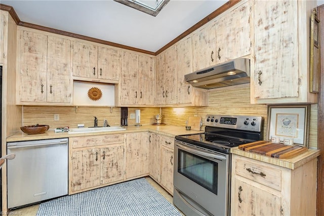 4630 Woodleaf Rd, Salisbury, NC 28147 - kitchen featuring appliances with stainless steel finishes, under cabinet range hood, light countertops, backsplash, and crown molding