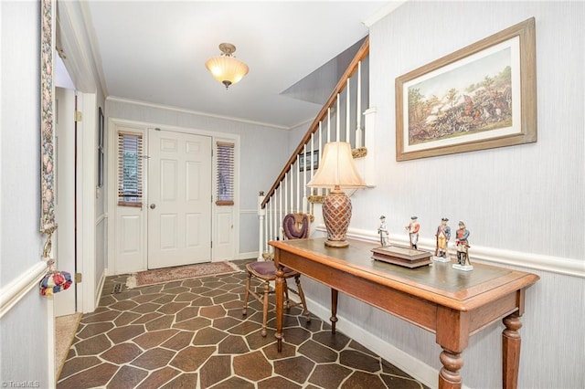4630 Woodleaf Rd, Salisbury, NC 28147 - foyer featuring stone flooring, stairway, and crown molding