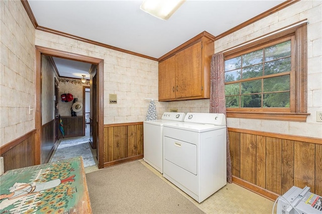 4630 Woodleaf Rd, Salisbury, NC 28147 - laundry room featuring cabinet space, washer and clothes dryer, crown molding, wainscoting, and wooden walls