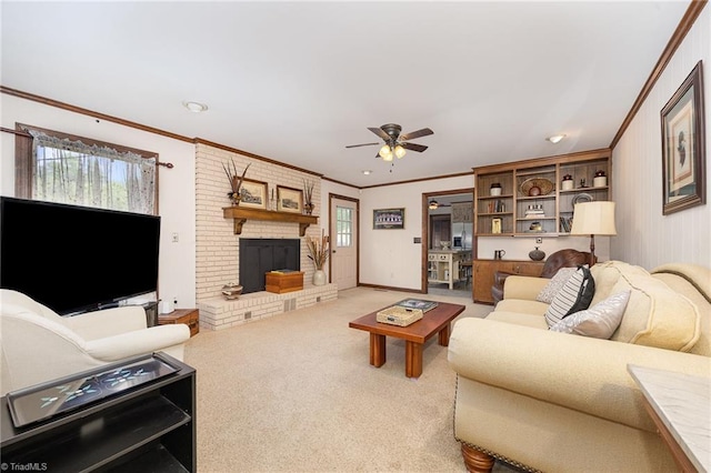 4630 Woodleaf Rd, Salisbury, NC 28147 - living area with healthy amount of natural light, a ceiling fan, crown molding, light carpet, and a brick fireplace