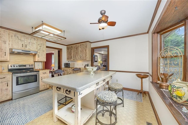 4630 Woodleaf Rd, Salisbury, NC 28147 - kitchen featuring stainless steel appliances, under cabinet range hood, light countertops, ornamental molding, and ceiling fan