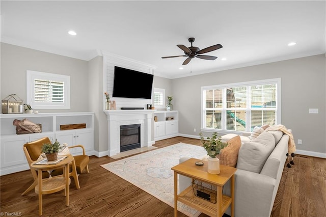 living room with dark wood-type flooring, a large fireplace, ornamental molding, and ceiling fan