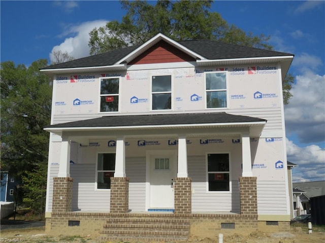 view of front of property featuring roof with shingles, brick siding, crawl space, and a porch