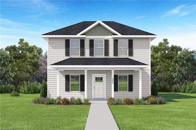 view of front of house with a porch, roof with shingles, and a front yard