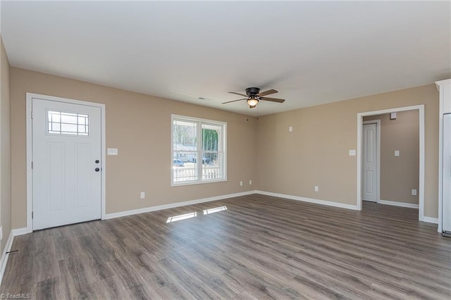 entrance foyer featuring wood finished floors, a ceiling fan, and baseboards