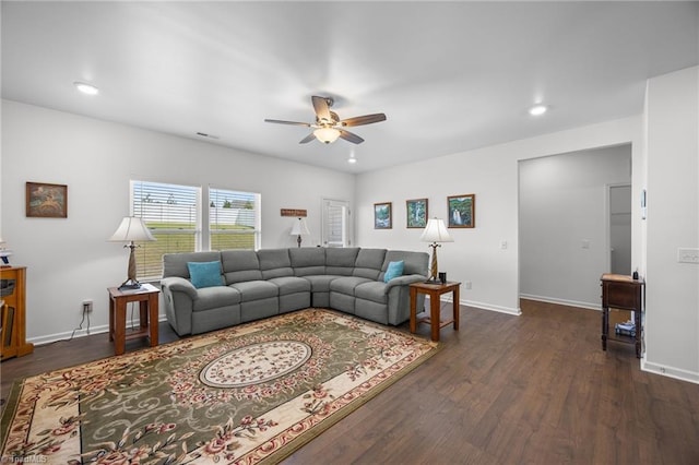 living room with ceiling fan, dark wood-style flooring, recessed lighting, and baseboards