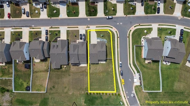 aerial perspective of suburban area with property boundaries highlighted