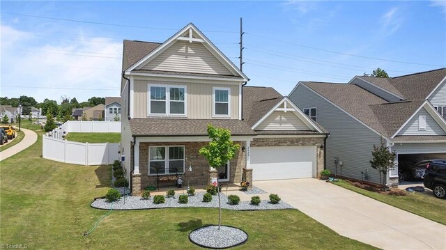 view of front of house featuring a garage, board and batten siding, concrete driveway, brick siding, and a shingled roof